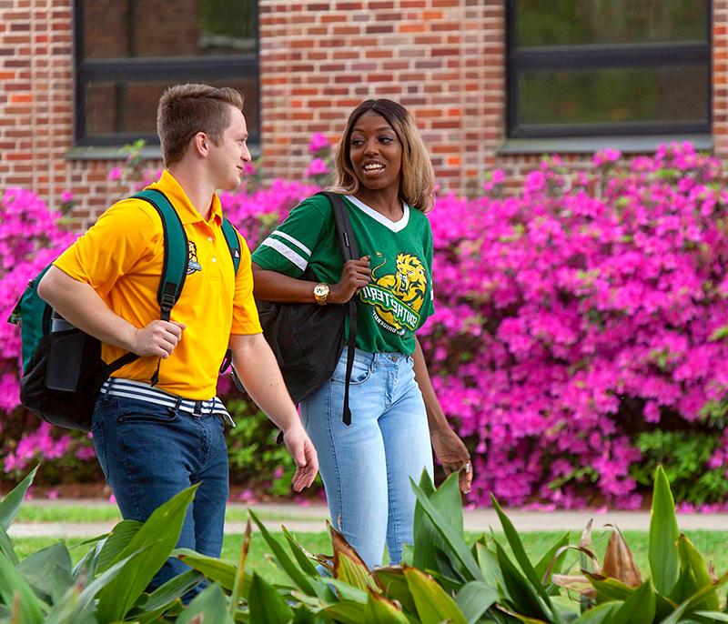 Two Students Walking On Campus in Front of Azaleas